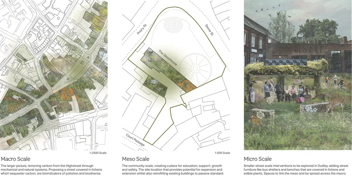 This visual represents the vision for the thesis, buildings covered in lichens, air purifying plants and community activities held on the Highstreet. This visual focuses in on the proposed site for the building and shows expression of a raised new build component on site as well as a full and wild landscaping plan. - Michelle Gartside Visualisation Scales.png